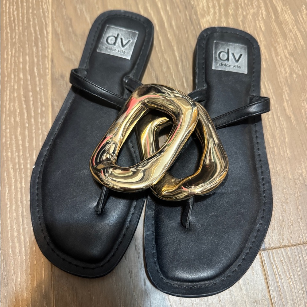 Dolce Vita Black Sandals with Bold Gold Detail
